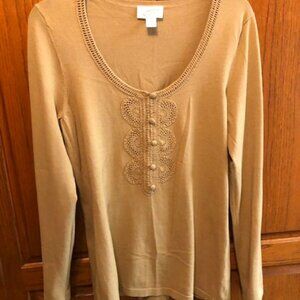 Ann Taylor LOFT 1/2 Button down brown sweater w/ crochet accents size M